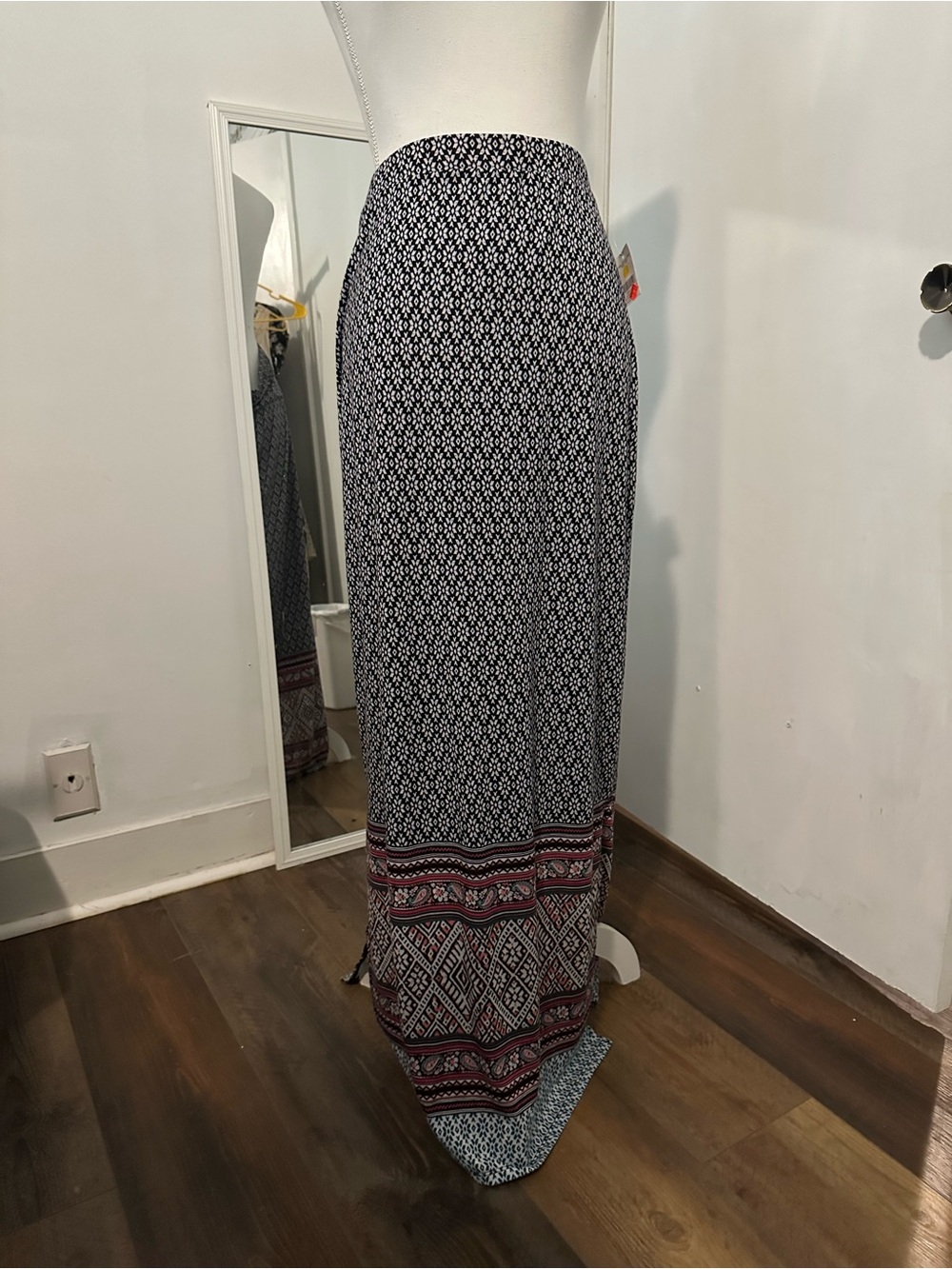 just be Navy and Burgundy Patterned Maxi Skirt